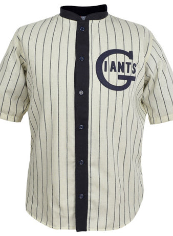 The EFF St. Louis Giants 1912 Home Jersey is an authentic vintage-style reproduction, featuring black pinstripes, a black collar and button placket, and “GIANTS” in navy inside a large G on the left chest—a tribute to Negro league baseball.