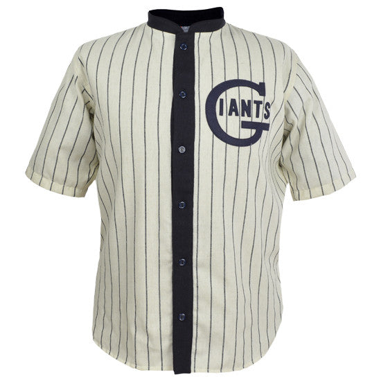 The EFF St. Louis Giants 1912 Home Jersey is an authentic vintage-style reproduction, featuring black pinstripes, a black collar and button placket, and “GIANTS” in navy inside a large G on the left chest—a tribute to Negro league baseball.