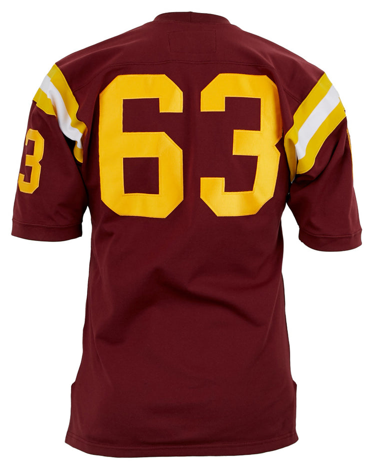 The EFF Boston College 1963 Durene Football Jersey is maroon with yellow and white sleeve stripes and features the number 63 in large yellow font on the back and right sleeve, authentically recreating the classic 1963 design.