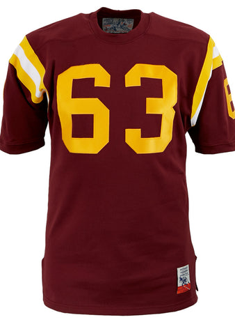 The EFF Boston College 1963 Durene Football Jersey features maroon fabric, yellow and white shoulder stripes, and the number 63 in yellow on the front and sleeve—an authentic tribute to the classic 1963 look.