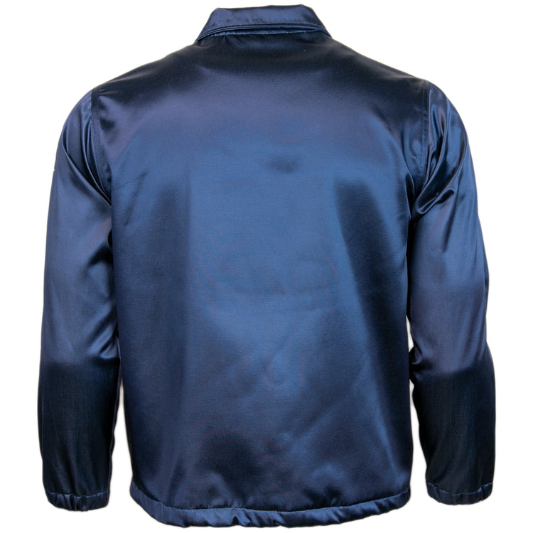 The EFF Boston Red Sox 1967 Satin Windbreaker is shown from the back, featuring a shiny navy blue finish, long sleeves, elastic waistband, and collar for a classic MLB vintage look.