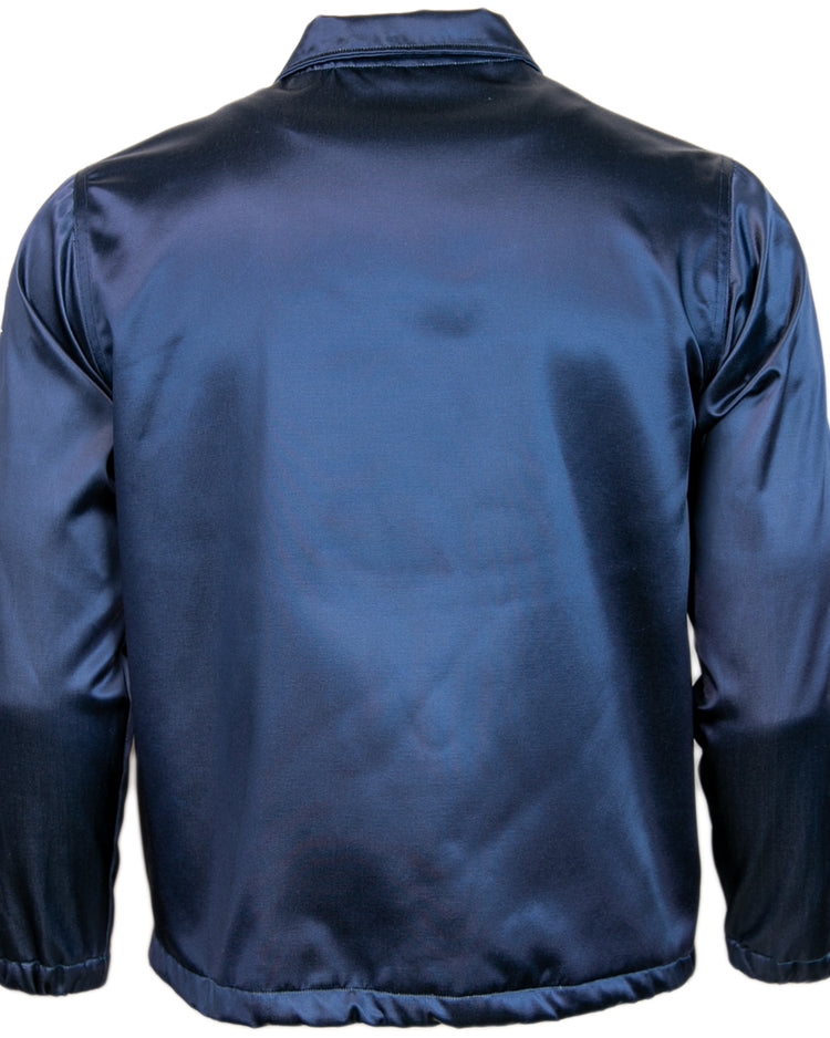 The EFF Boston Red Sox 1967 Satin Windbreaker is shown from the back, featuring a shiny navy blue finish, long sleeves, elastic waistband, and collar for a classic MLB vintage look.