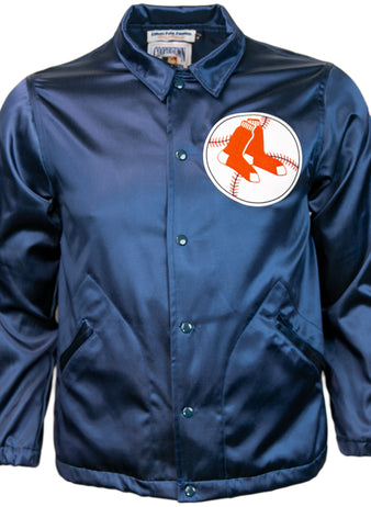 The EFF Boston Red Sox 1967 Satin Windbreaker is navy blue with the team logo—two red socks over a white baseball—on the left chest, plus snap buttons and two front pockets.