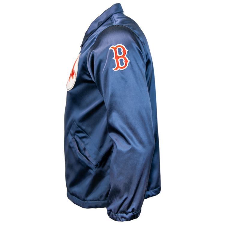 The EFF Boston Red Sox 1967 Satin Windbreaker features a navy design, side view, with a red B logo on the upper sleeve and a front pocket—a classic vintage MLB jacket look.