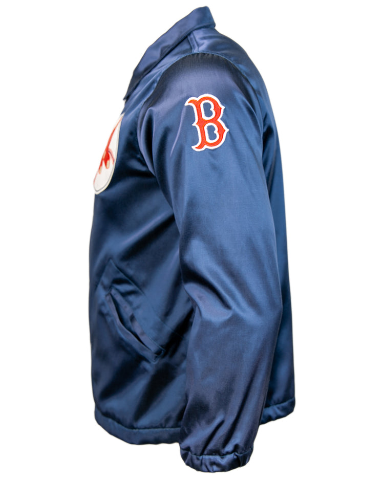 The EFF Boston Red Sox 1967 Satin Windbreaker features a navy design, side view, with a red B logo on the upper sleeve and a front pocket—a classic vintage MLB jacket look.