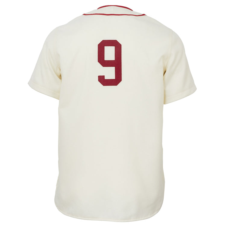 The EFF Boston College 1949 Home Jersey is a cream short-sleeve vintage baseball style with red piping at the collar and a large red number 9 on the back.