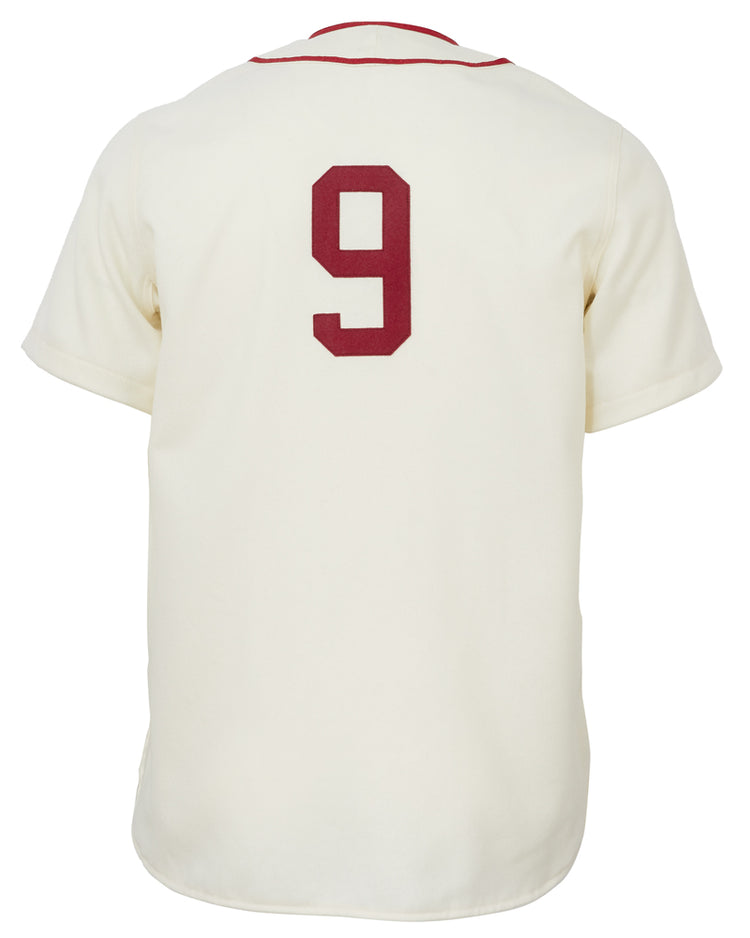 The EFF Boston College 1949 Home Jersey is a cream short-sleeve vintage baseball style with red piping at the collar and a large red number 9 on the back.