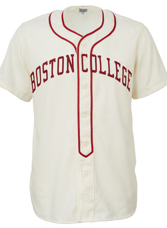 The EFF Boston College 1949 Home Jersey features a cream color with BOSTON COLLEGE in red across the chest and red trim on the collar and placket, capturing the classic Eagles vintage style.