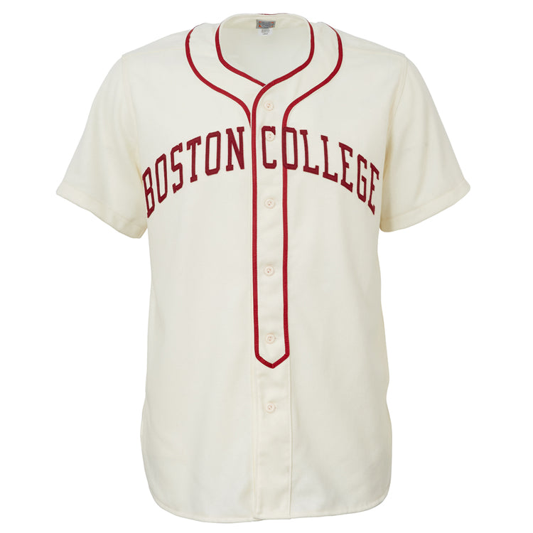 The EFF Boston College 1949 Home Jersey features a cream color with BOSTON COLLEGE in red across the chest and red trim on the collar and placket, capturing the classic Eagles vintage style.