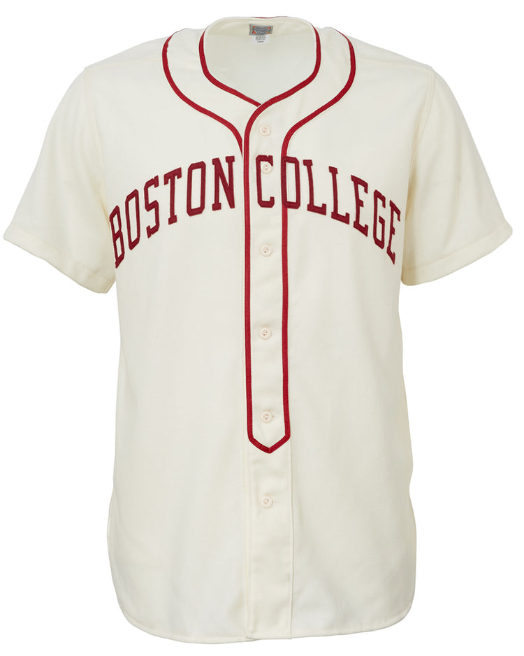 The EFF Boston College 1949 Home Jersey features a cream color with BOSTON COLLEGE in red across the chest and red trim on the collar and placket, capturing the classic Eagles vintage style.