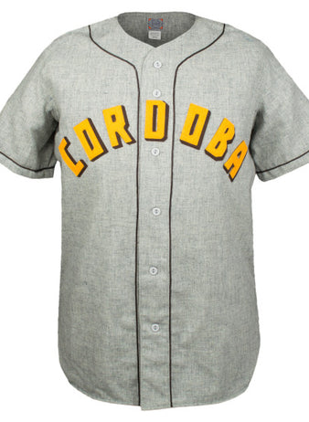 The EFF Cordoba Cafeteros 1935 Road Jersey features a gray design with black piping, yellow CORDOBA lettering across the chest, and white buttons—an authentic reproduction inspired by Mexican pro baseball.