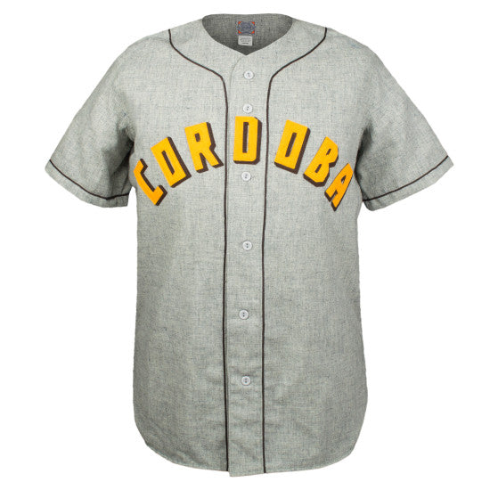 The EFF Cordoba Cafeteros 1935 Road Jersey features a gray design with black piping, yellow CORDOBA lettering across the chest, and white buttons—an authentic reproduction inspired by Mexican pro baseball.