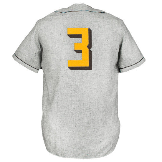The EFF Cordoba Cafeteros 1935 Road Jersey is a gray, short-sleeved authentic reproduction with black trim, featuring a large yellow number 3 with black shadow on the back to honor Mexican pro baseball heritage.