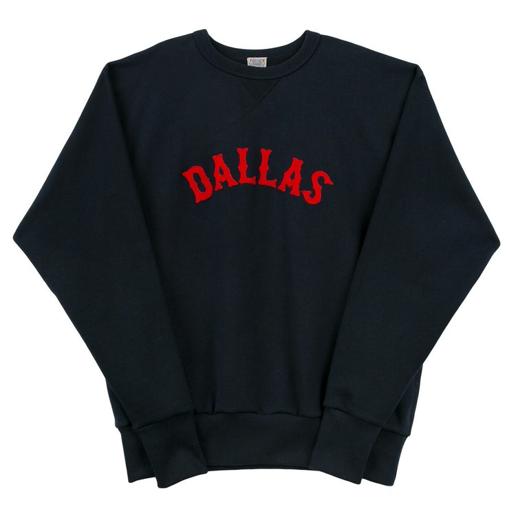 The EFF Dallas Rebels Vintage French Terry Sweatshirt is a heavyweight crewneck made in the USA, featuring bold, red arched DALLAS lettering across the chest and crafted from premium French terry.