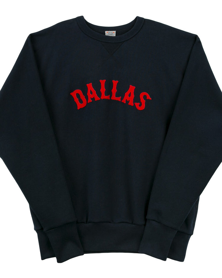 The EFF Dallas Rebels Vintage French Terry Sweatshirt is a heavyweight crewneck made in the USA, featuring bold, red arched DALLAS lettering across the chest and crafted from premium French terry.