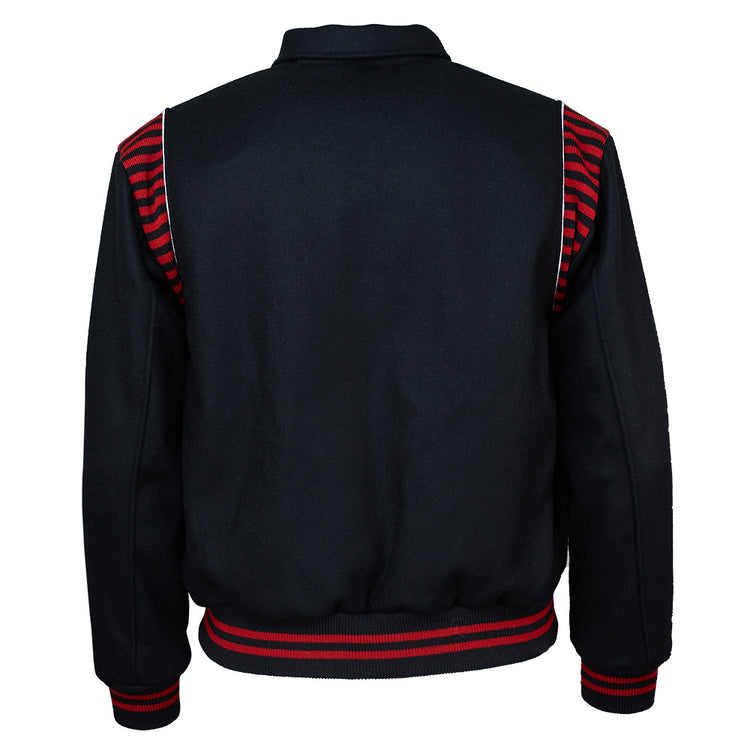 The EFF Detroit Stars 1950 Authentic Jacket is black, shown from the back with red and black striped accents on the shoulders and waistband, plus ribbed cuffs and collar.