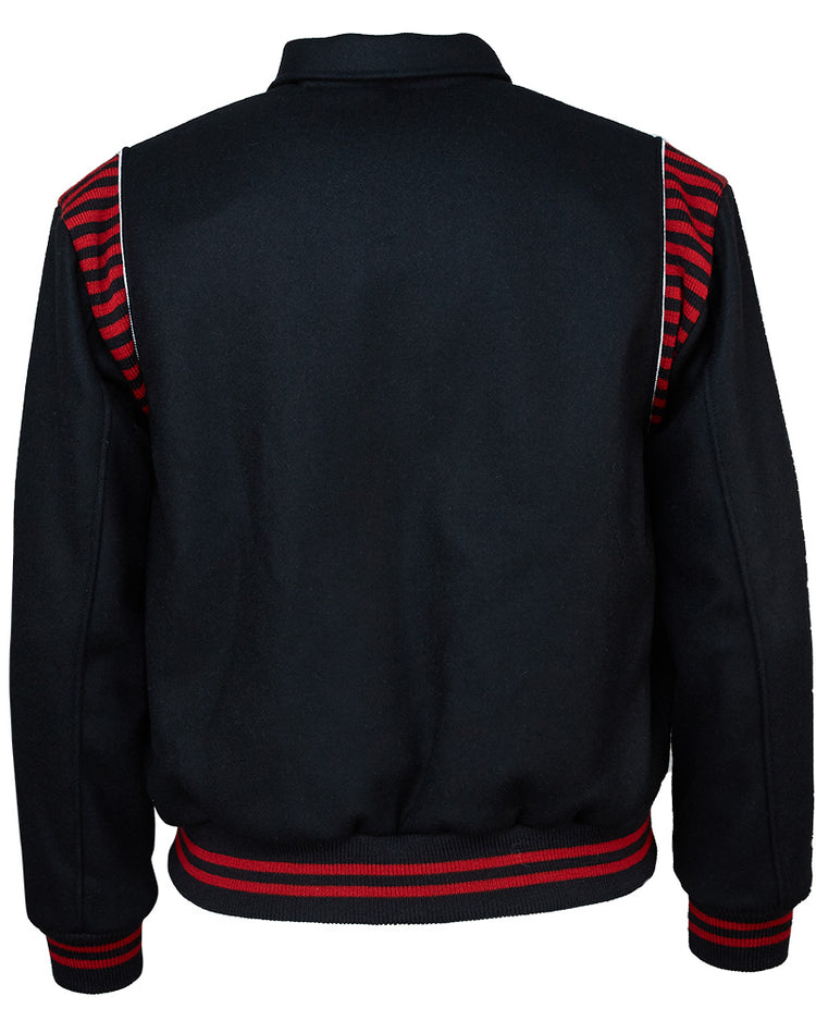 The EFF Detroit Stars 1950 Authentic Jacket is black, shown from the back with red and black striped accents on the shoulders and waistband, plus ribbed cuffs and collar.