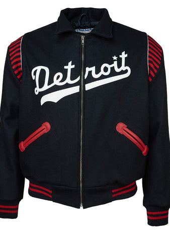 The EFF Detroit Stars 1950 Authentic Jacket is a black zip-up with red striped accents and pockets. Detroit appears in large white script on the chest, faithfully reproducing the classic Negro League jacket style.