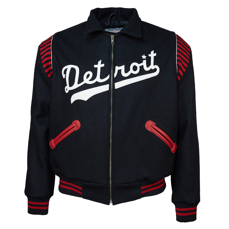 The EFF Detroit Stars 1950 Authentic Jacket is a black zip-up with red striped accents and pockets. Detroit appears in large white script on the chest, faithfully reproducing the classic Negro League jacket style.