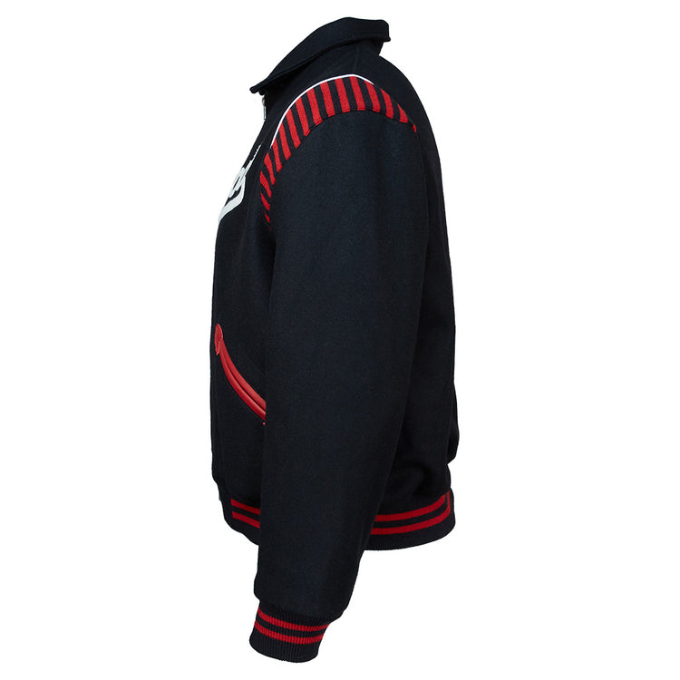 The EFF Detroit Stars 1950 Authentic Jacket is black with red and white stripes on the shoulders, cuffs, and waistband. This exact Negro League reproduction features a collar, side view, red-trimmed pocket, and authentic details.