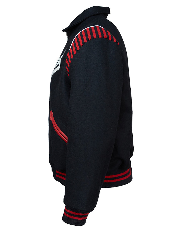 The EFF Detroit Stars 1950 Authentic Jacket is black with red and white stripes on the shoulders, cuffs, and waistband. This exact Negro League reproduction features a collar, side view, red-trimmed pocket, and authentic details.