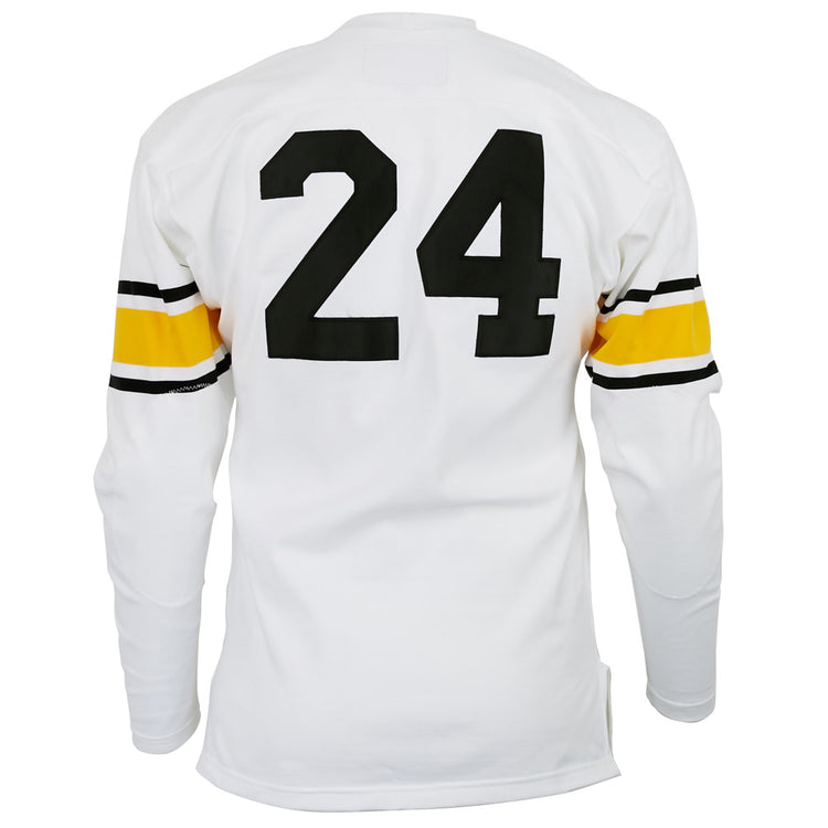 The EFF Grambling State University 1963 Durene Football Jersey is a white long-sleeve jersey with black number 24 and yellow/black upper arm stripes, inspired by the look from Eddie Robinson’s legendary coaching era.