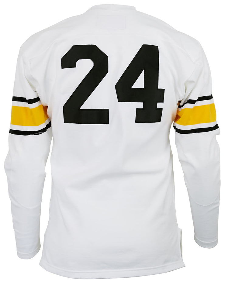 The EFF Grambling State University 1963 Durene Football Jersey is a white long-sleeve jersey with black number 24 and yellow/black upper arm stripes, inspired by the look from Eddie Robinson’s legendary coaching era.