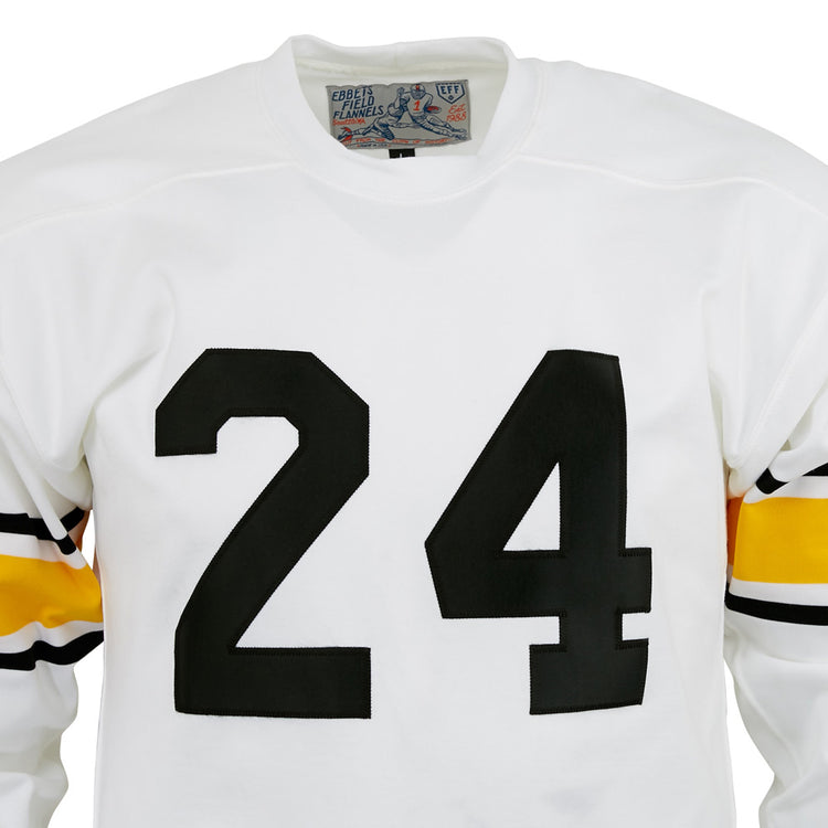 The EFF Grambling State University 1963 Durene Football Jersey is a white jersey with large black 24 numbers, yellow and black sleeve stripes, and an Eddie Eagles collar tag, inspired by the authentic 1963 design.