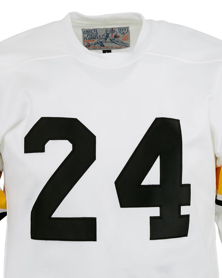 The EFF Grambling State University 1963 Durene Football Jersey is a white jersey with large black 24 numbers, yellow and black sleeve stripes, and an Eddie Eagles collar tag, inspired by the authentic 1963 design.