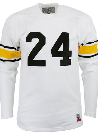 The EFF Grambling State University 1963 Durene Football Jersey is a white long-sleeve jersey with black number 24 on the front and yellow and black sleeve stripes, inspired by Eddie Robinson’s legendary 1963 football jersey.