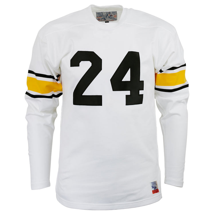 The EFF Grambling State University 1963 Durene Football Jersey is a white long-sleeve jersey with black number 24 on the front and yellow and black sleeve stripes, inspired by Eddie Robinson’s legendary 1963 football jersey.