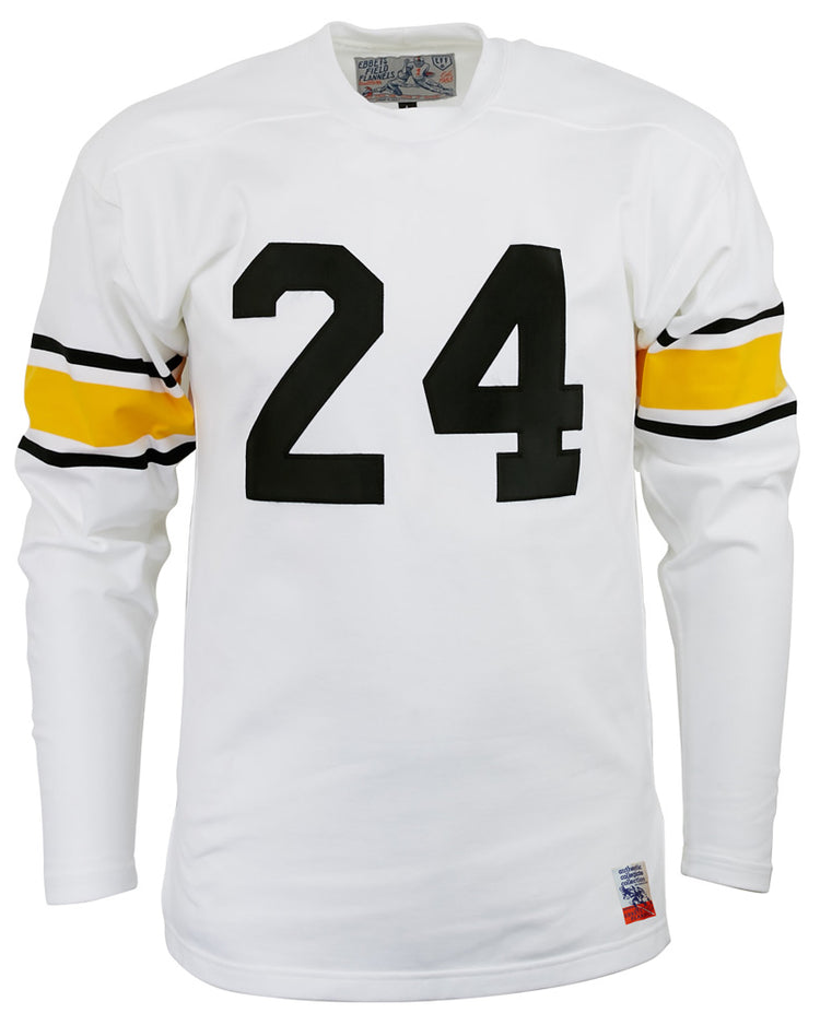 The EFF Grambling State University 1963 Durene Football Jersey is a white long-sleeve jersey with black number 24 on the front and yellow and black sleeve stripes, inspired by Eddie Robinson’s legendary 1963 football jersey.