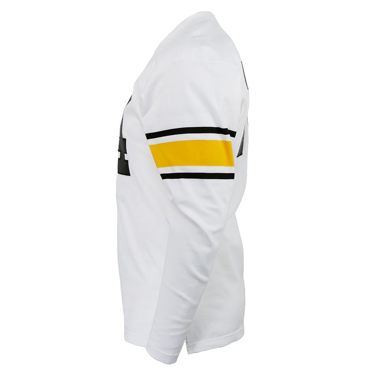 The EFF Grambling State University 1963 Durene Football Jersey features black numbers and bold stripes, inspired by the era led by Coach Eddie Robinson. Shown in white long-sleeve style from the side on a white background.