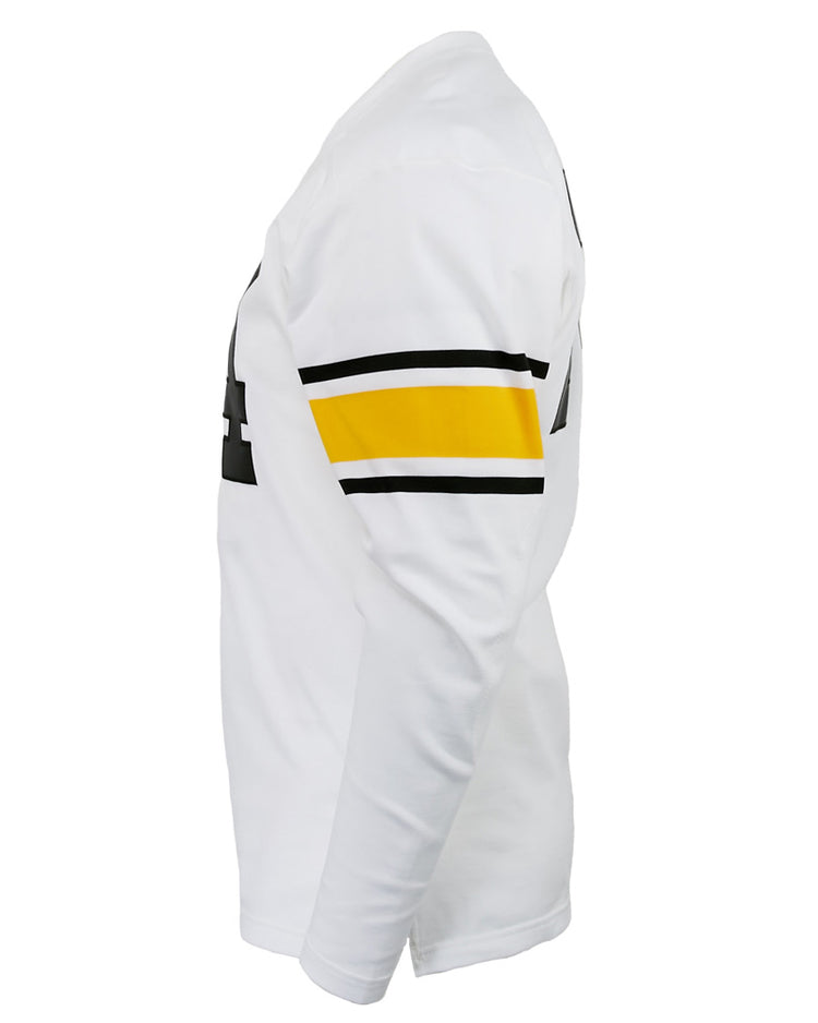 The EFF Grambling State University 1963 Durene Football Jersey features black numbers and bold stripes, inspired by the era led by Coach Eddie Robinson. Shown in white long-sleeve style from the side on a white background.