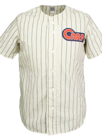 The EFF Hiroshima Carp 1951 Home Jersey is a short-sleeved, button-up authentic reproduction featuring thin black stripes and bold red and navy CARP lettering on the upper left chest, inspired by the classic 1951 baseball flannel.
