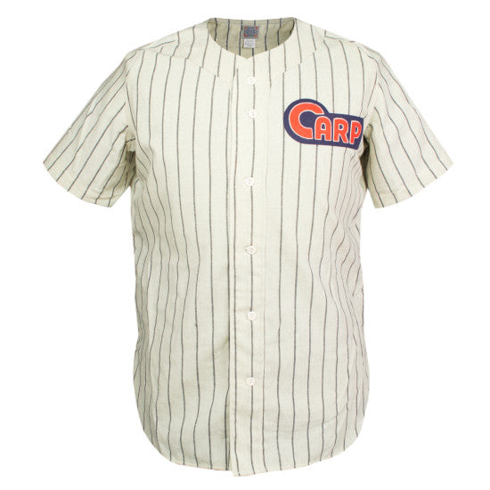 The EFF Hiroshima Carp 1951 Home Jersey is a short-sleeved, button-up authentic reproduction featuring thin black stripes and bold red and navy CARP lettering on the upper left chest, inspired by the classic 1951 baseball flannel.