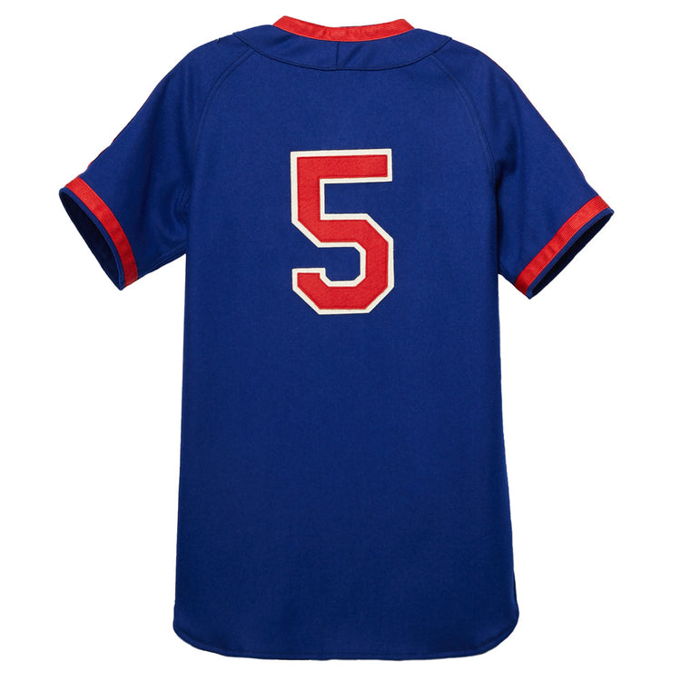 The EFF Indianapolis Clowns 1952 Road Jersey features blue fabric with red-trimmed collar and sleeves, plus a bold white and red number 5 on the back, honoring Henry Aaron’s legacy in the Negro Leagues.