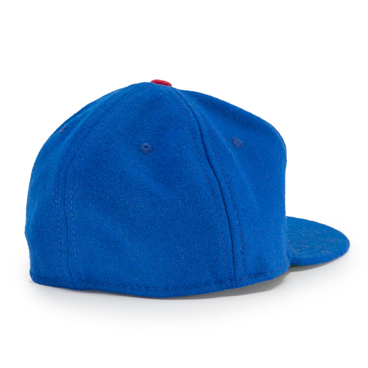 The EFF Jersey City Giants 1946 Vintage Ballcap in blue is shown from the back, highlighting stitched panels and a flat brim facing right.