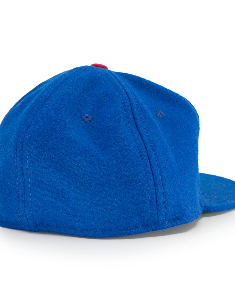 The EFF Jersey City Giants 1946 Vintage Ballcap in blue is shown from the back, highlighting stitched panels and a flat brim facing right.