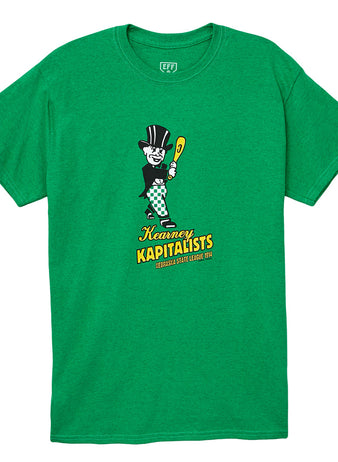EFF’s Kearny Kapitalists 1914 T-Shirt: green tee with cartoon man in top hat holding a bat, plus “Kearny Kapitalists” and “Nebraska State League 1914” in yellow and white—ideal for Kearny baseball fans.
