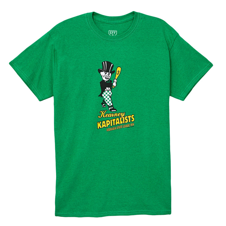 EFF’s Kearny Kapitalists 1914 T-Shirt: green tee with cartoon man in top hat holding a bat, plus “Kearny Kapitalists” and “Nebraska State League 1914” in yellow and white—ideal for Kearny baseball fans.