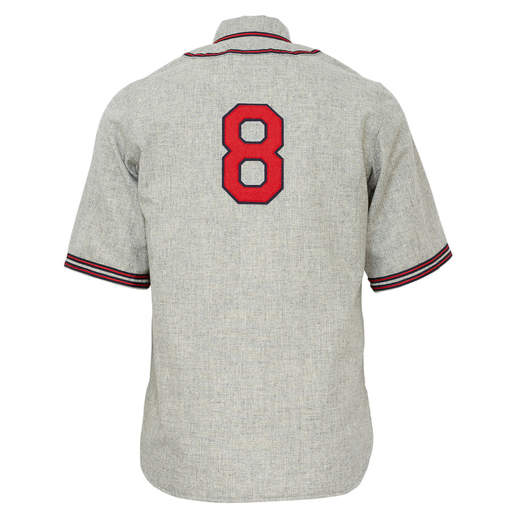 The EFF Kansas City Monarchs 1936 Road Jersey is a vintage gray flannel with short sleeves, red and black trim, and a bold red number 8 on the back, echoing classic Negro Leagues style.