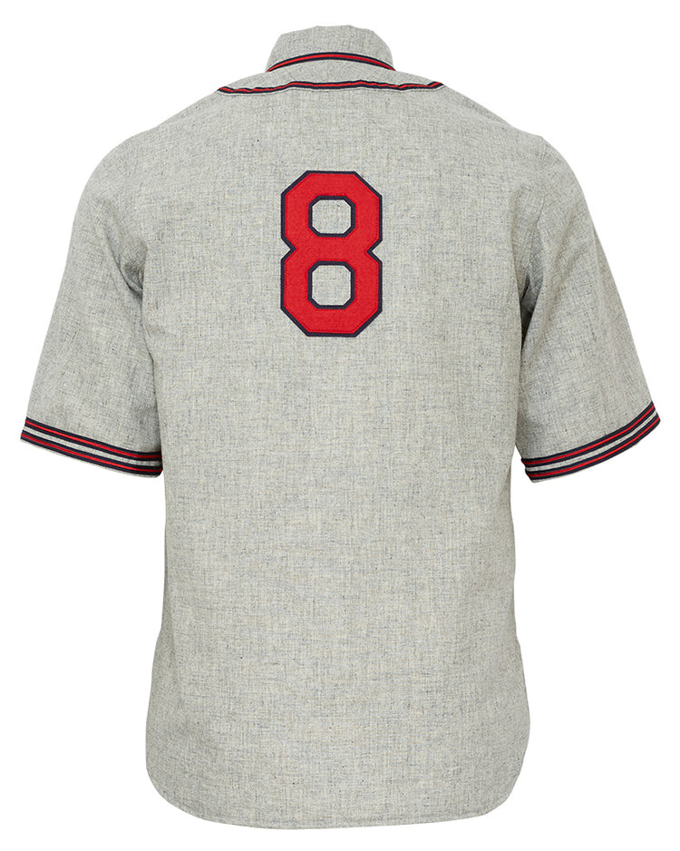 The EFF Kansas City Monarchs 1936 Road Jersey is a vintage gray flannel with short sleeves, red and black trim, and a bold red number 8 on the back, echoing classic Negro Leagues style.