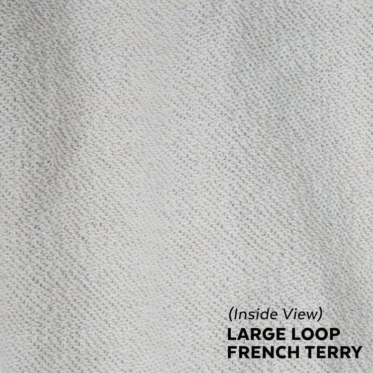 Close-up of the textured fabric on an EFF Portland Beavers Crewneck Sweatshirt, showcasing vintage-style large loop French terry knit. Text at bottom right: (Inside View) LARGE LOOP FRENCH TERRY, made in USA.