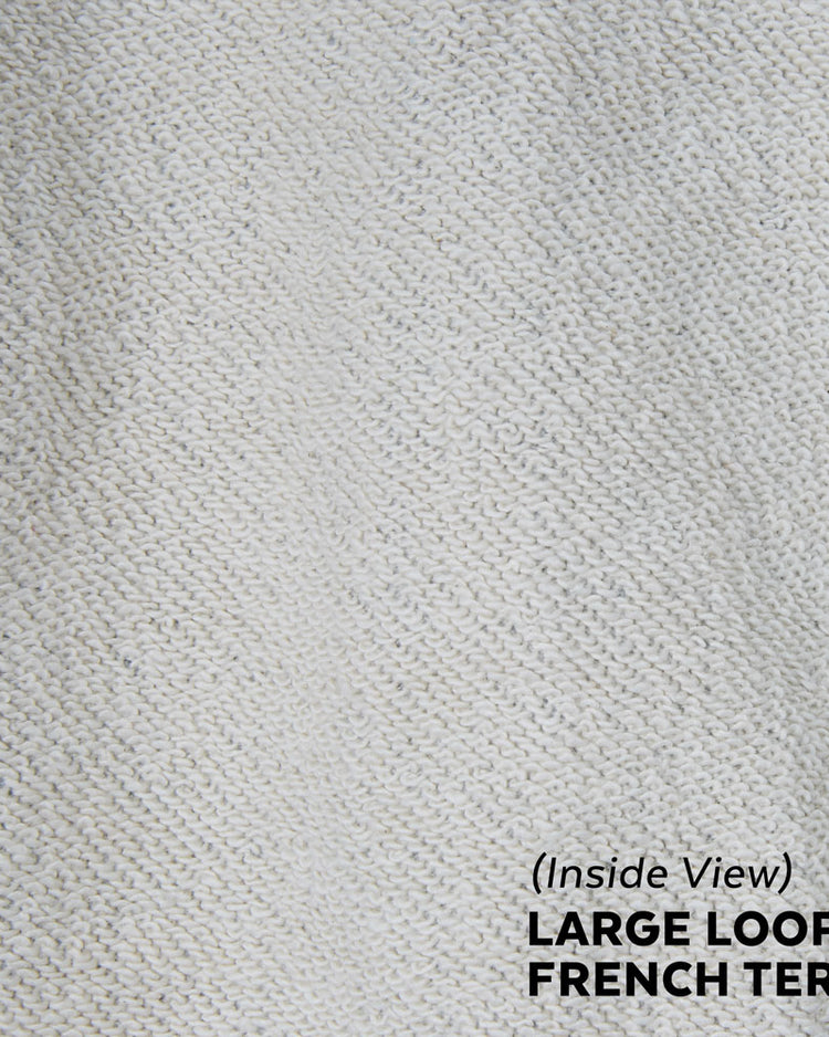 Close-up of the textured fabric on an EFF Portland Beavers Crewneck Sweatshirt, showcasing vintage-style large loop French terry knit. Text at bottom right: (Inside View) LARGE LOOP FRENCH TERRY, made in USA.