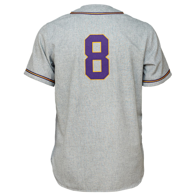 The EFF Louisiana State University 1954 Home Jersey is a light gray short-sleeve LSU baseball jersey with red and black sleeve trim and a large purple number 8 outlined in gold on the back, authentically reproducing the College World Series champs style.