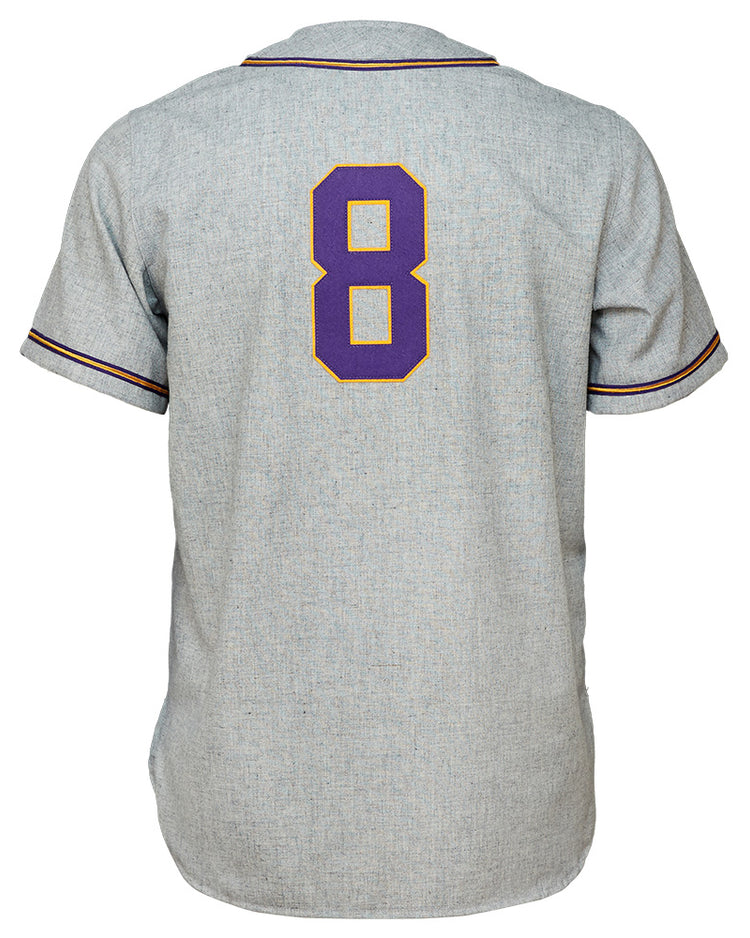 The EFF Louisiana State University 1954 Home Jersey is a light gray short-sleeve LSU baseball jersey with red and black sleeve trim and a large purple number 8 outlined in gold on the back, authentically reproducing the College World Series champs style.