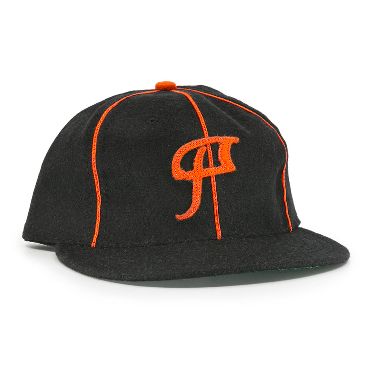 The EFF Montreal Black Panthers 1936 Vintage Ballcap is a black cap with orange piping, a stylized P on the front, flat brim, and small orange top button—classic Quebec Provincial League style.