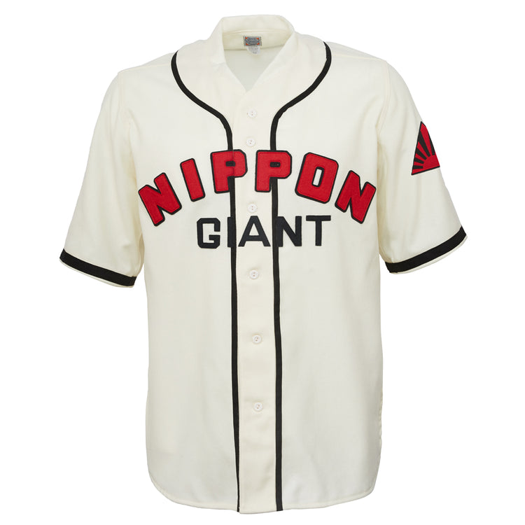 The EFF Nippon Giants 1938 Home Jersey is a cream vintage baseball jersey with black trim, bold red NIPPON lettering, black GIANT below, and a red-and-black fan emblem on the left sleeve, inspired by Japanese baseball.