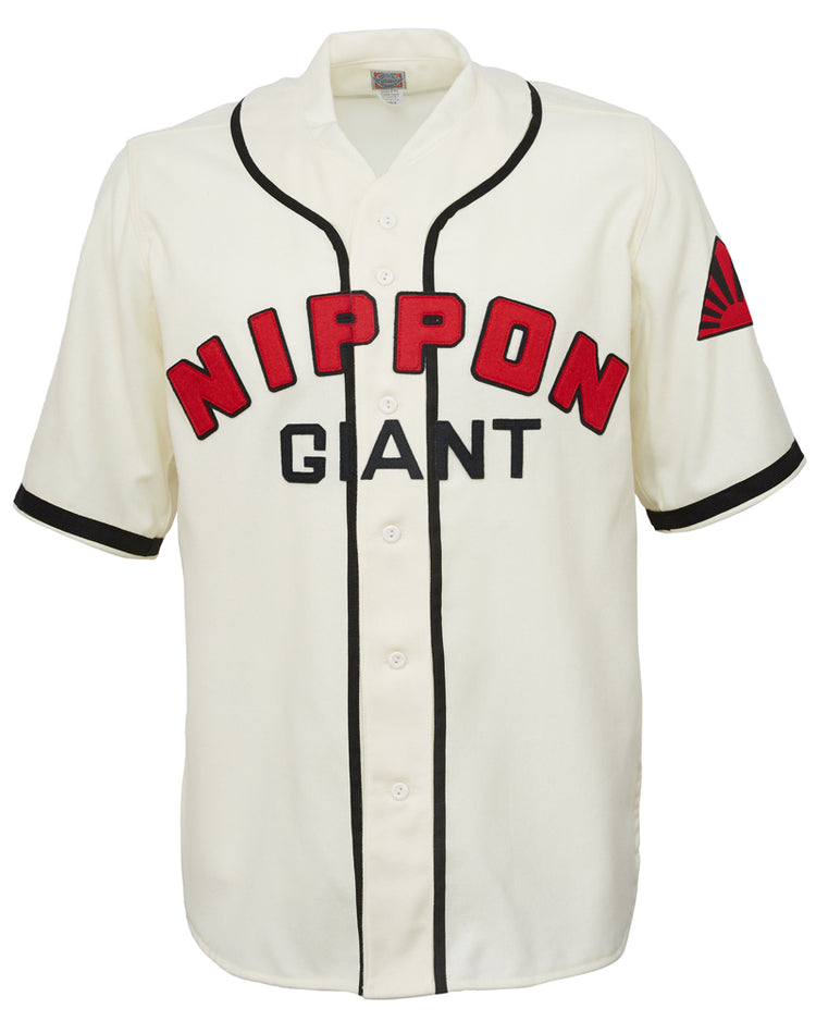 The EFF Nippon Giants 1938 Home Jersey is a cream vintage baseball jersey with black trim, bold red NIPPON lettering, black GIANT below, and a red-and-black fan emblem on the left sleeve, inspired by Japanese baseball.